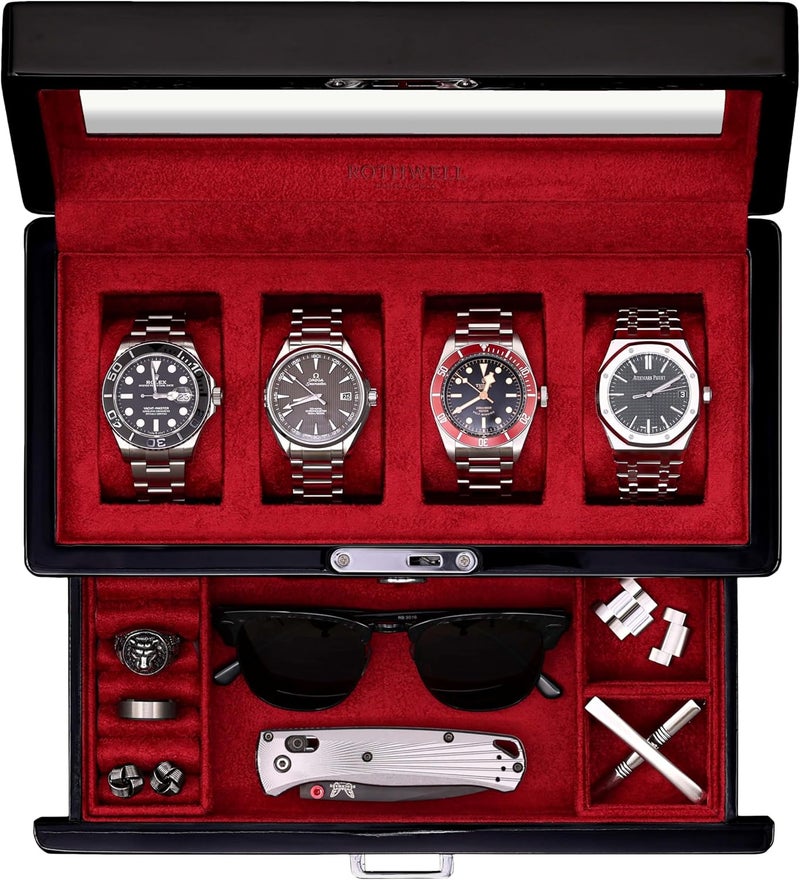 ROTHWELL 4-Slot Piano Black Watch Box with Valet Drawer - Premium Jewelry Display Case Organizer with Locking Glass Top and Microsuede Liner for Men & Women (Red Interior) - Image 1